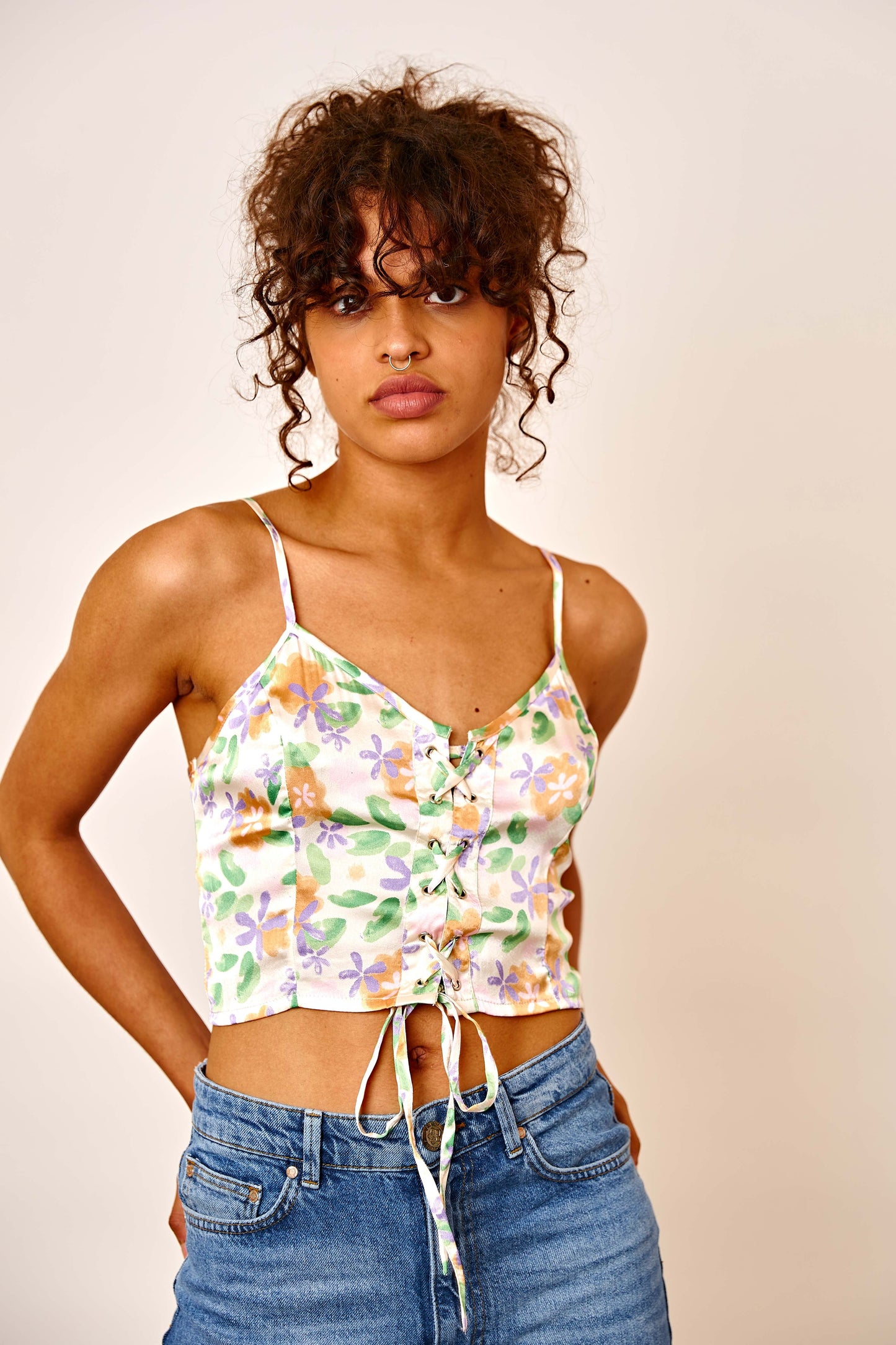 Floral Satin Lace-up Cami Top