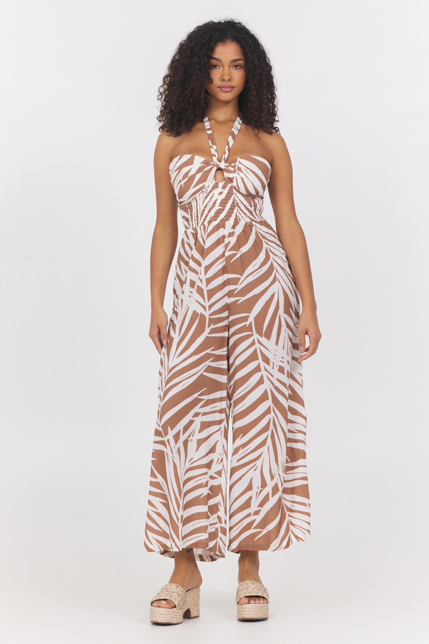 Palm Print Halter Neck Jumpsuit