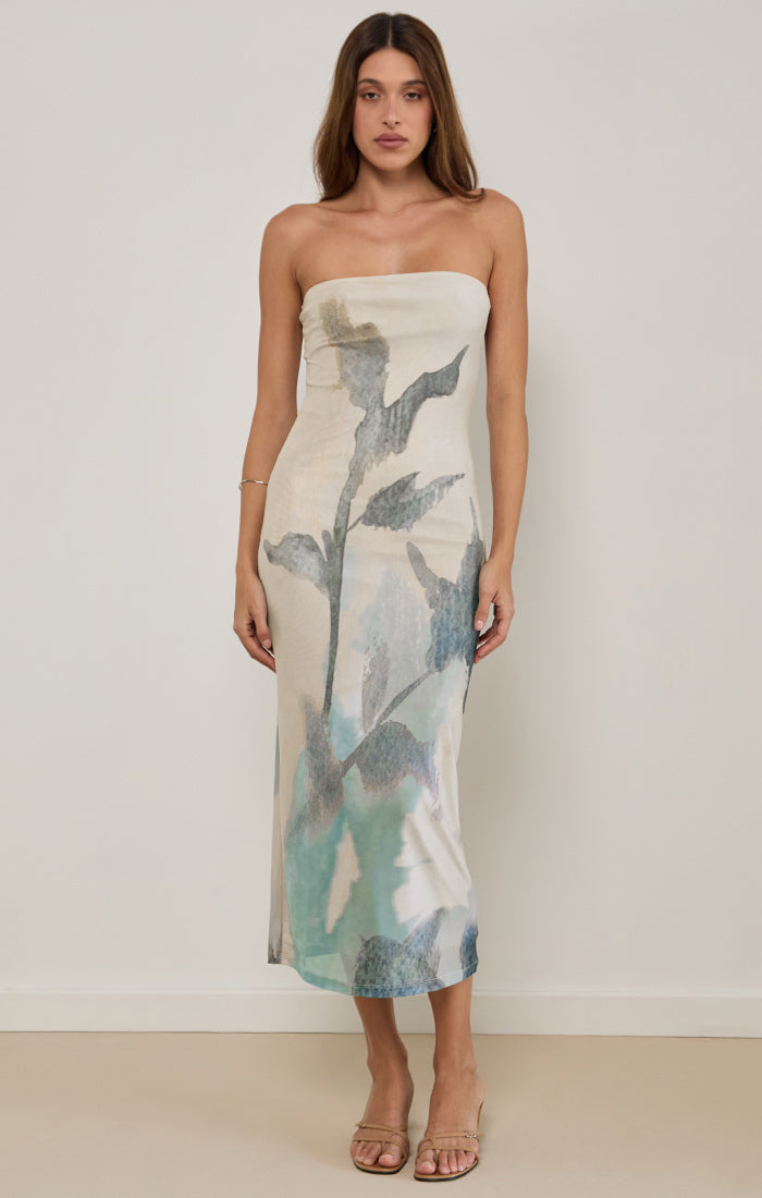 Rosbandi Flower Printed Mesh Bandeau Dress
