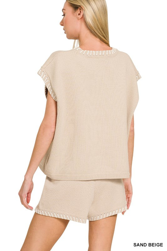 Short Sleeve Sweater Top with Stitch Detail