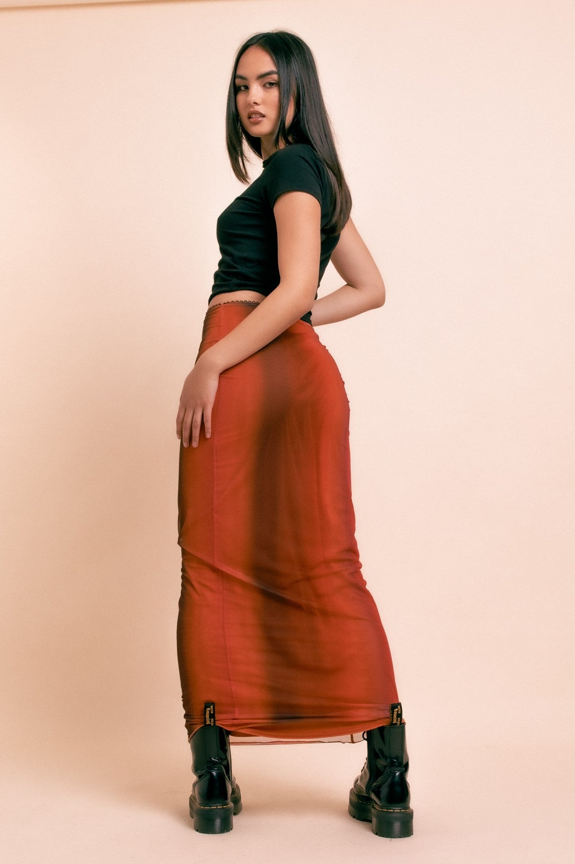 Printed Ombre Mesh Midi Skirt