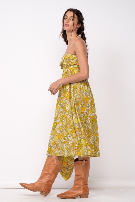 Lemon Maze Strapless Ruffle Midi Dress