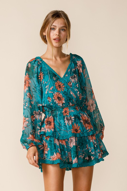 Deep Lake Flower Long Sleeve Dress