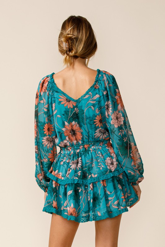 Deep Lake Flower Long Sleeve Dress