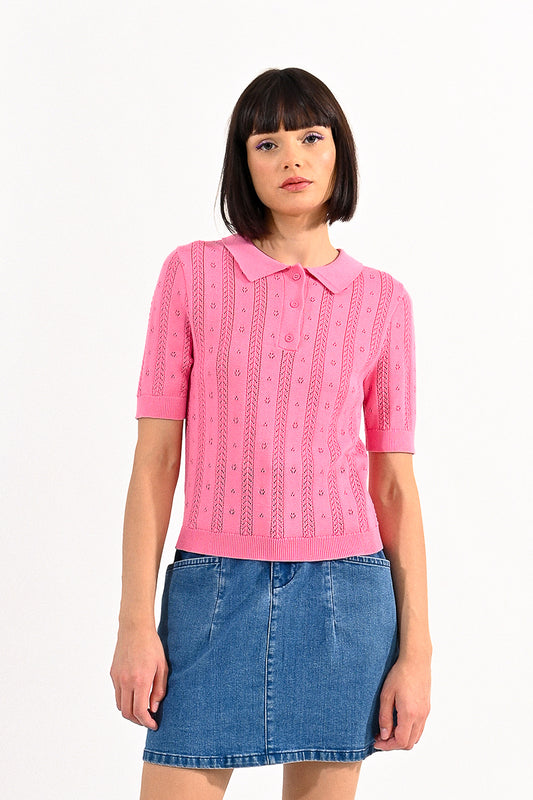 Collared Pink Crochet Short Sleeve Top