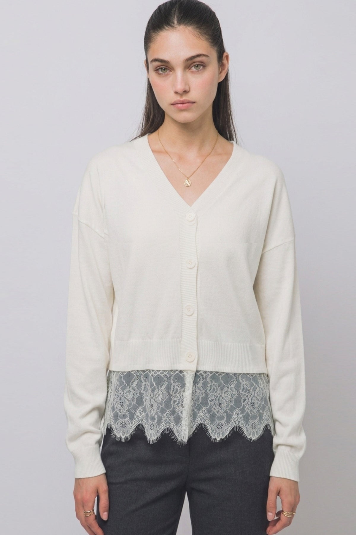 Lace-trimmed V-neck Cardigan