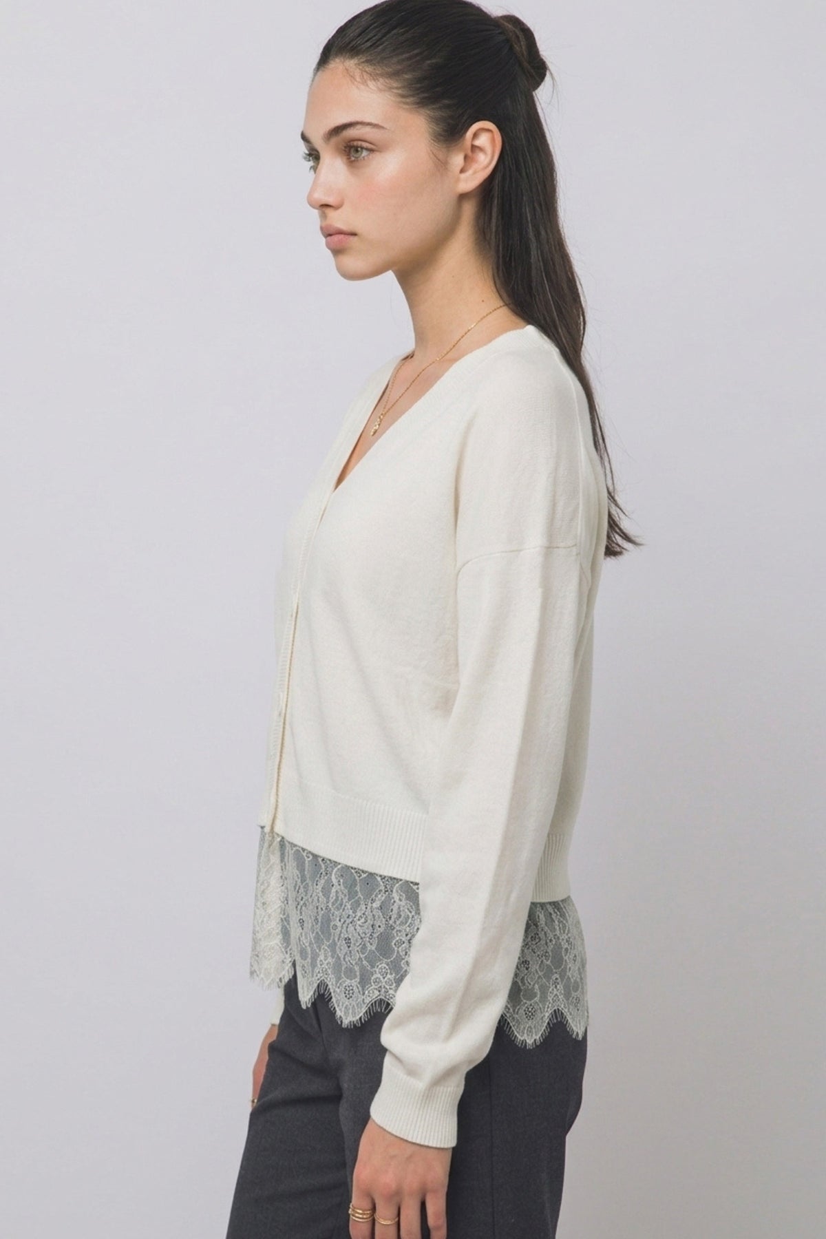 Lace-trimmed V-neck Cardigan