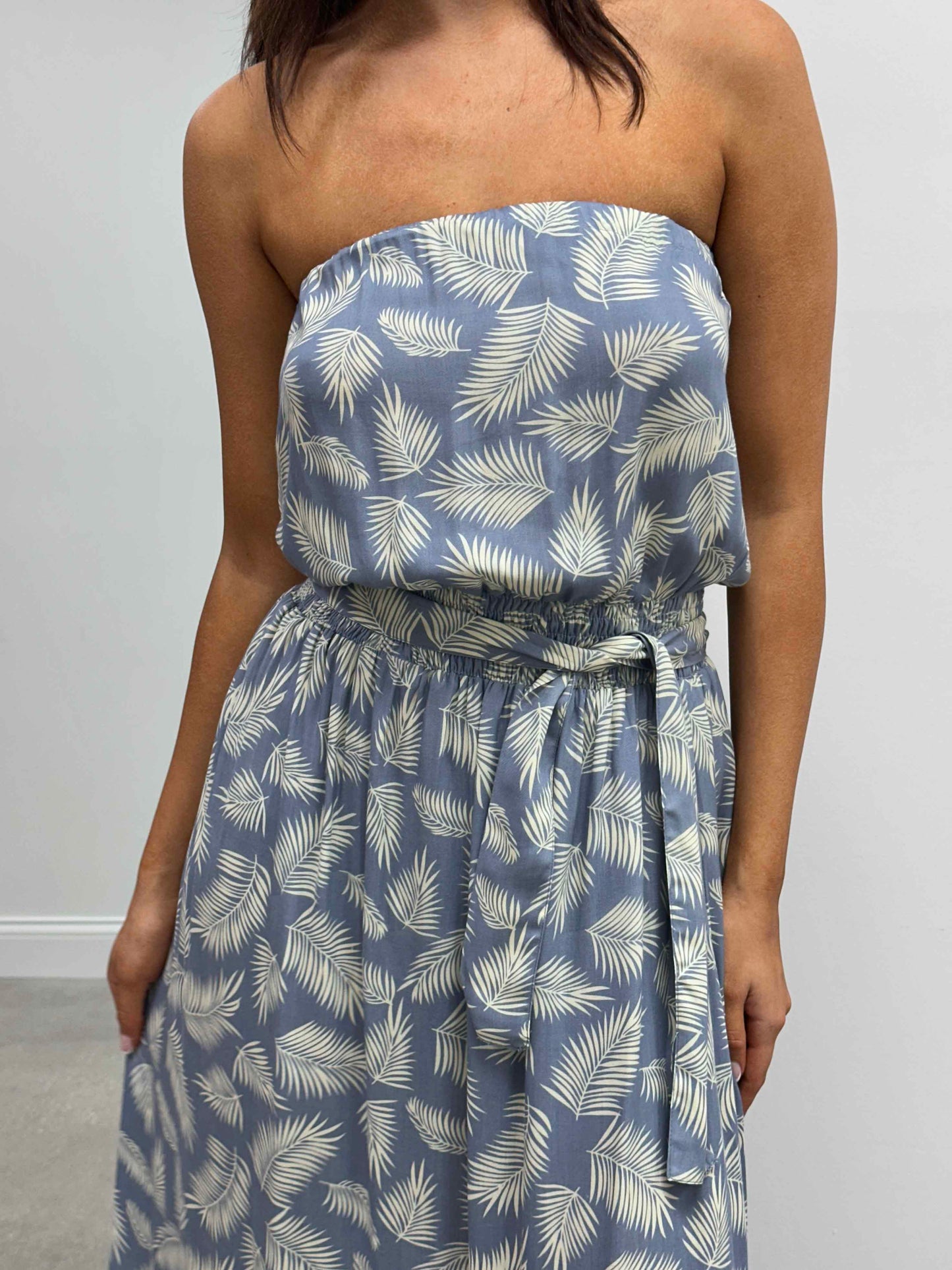 Leaf Print Strapless Maxi Dress