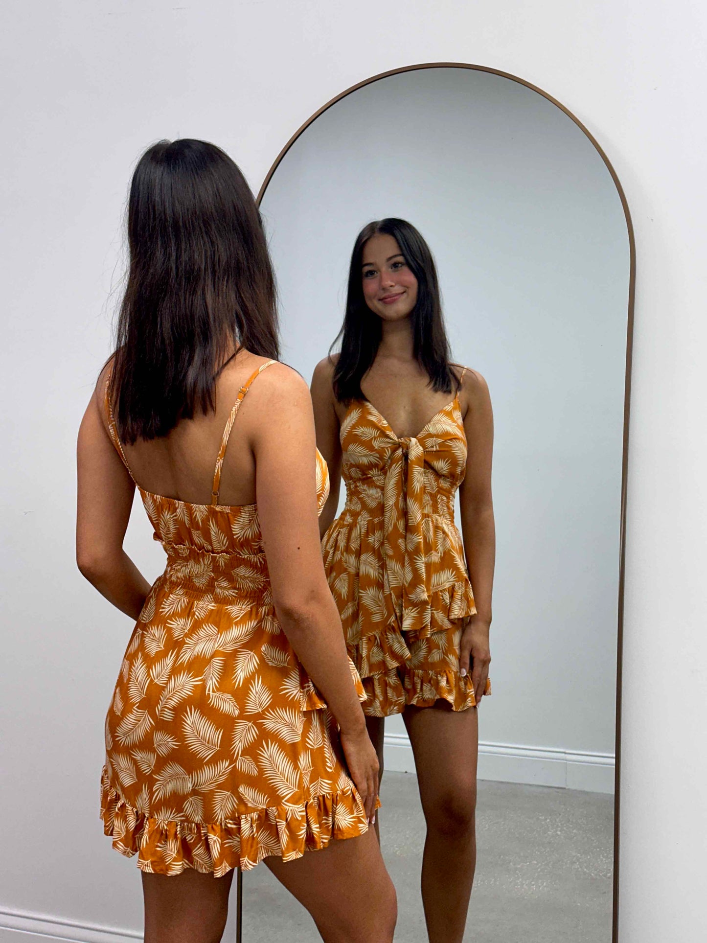 Leaf Print Surplice Mini Dress