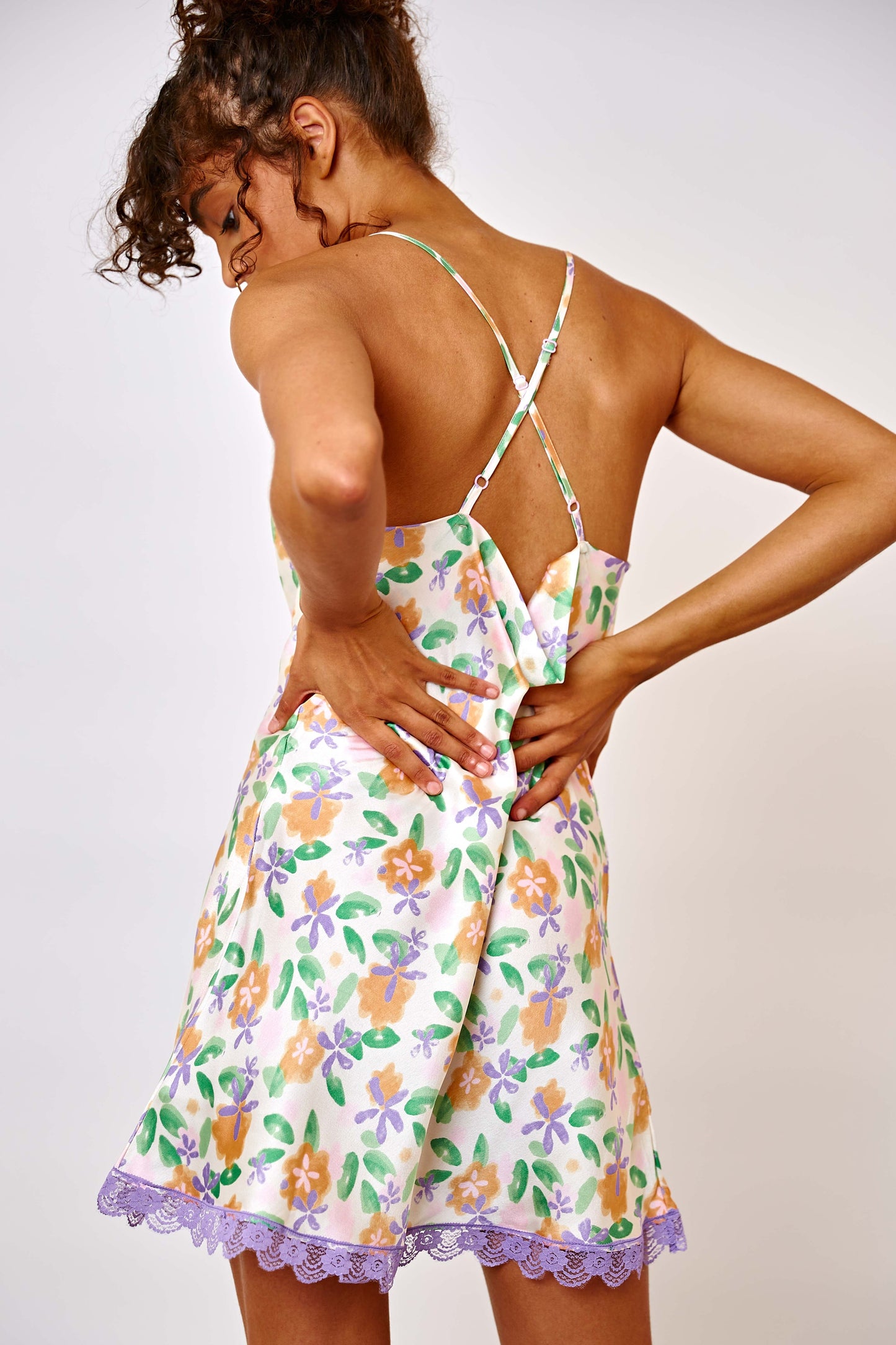 Minah Floral Cowl Neck Satin Mini Dress