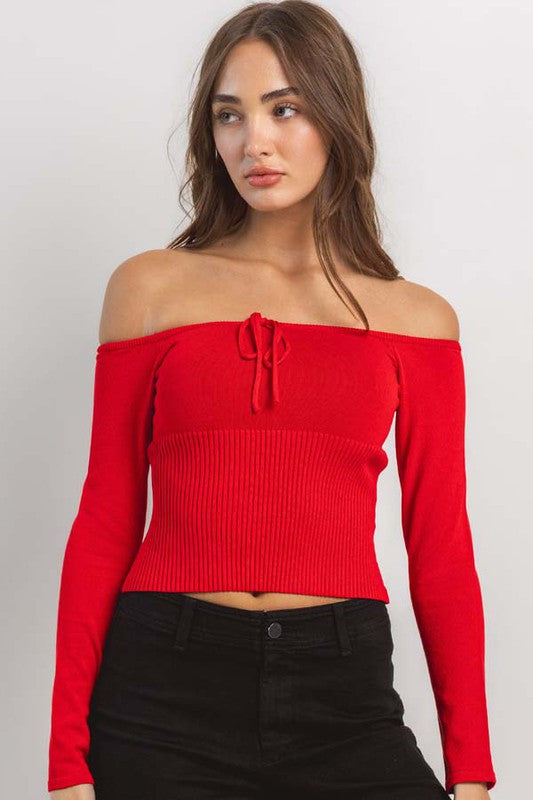 Off-Shoulder Tie Neck Knit Top