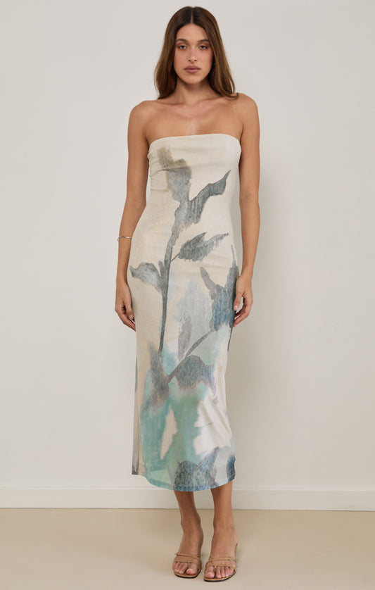 Rosbandi Flower Printed Mesh Bandeau Dress