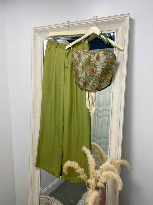 Satin Pleated Wide Pants Green
