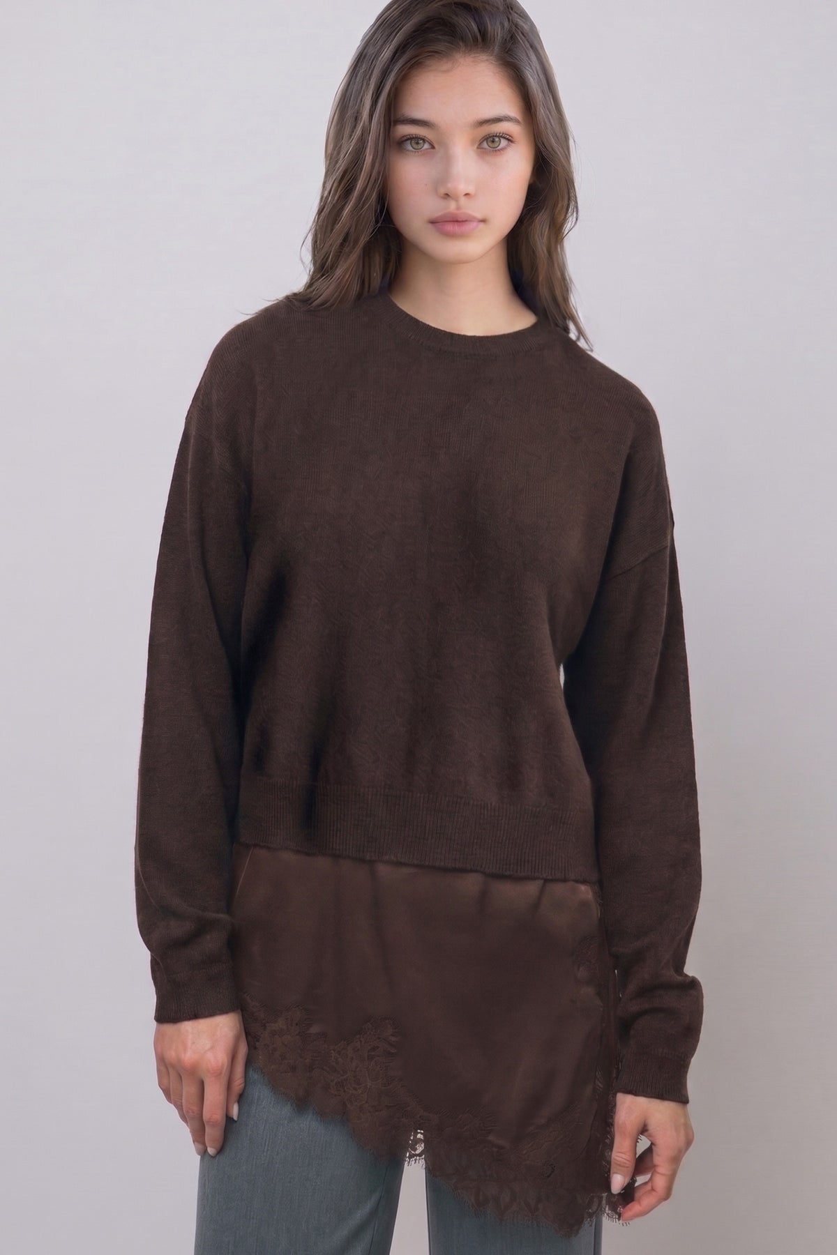 Satin-and-lace Asymmetric Layer Sweater