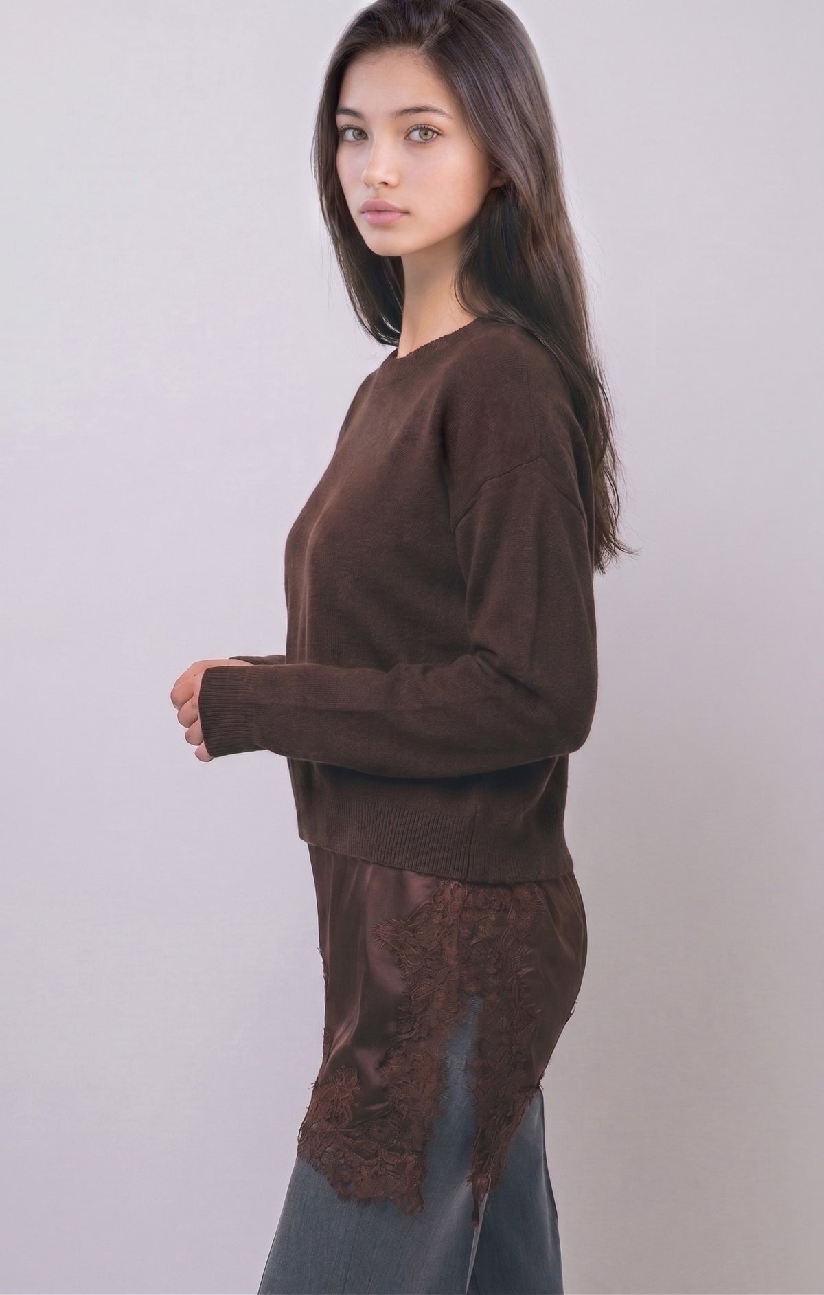 Satin-and-lace Asymmetric Layer Sweater