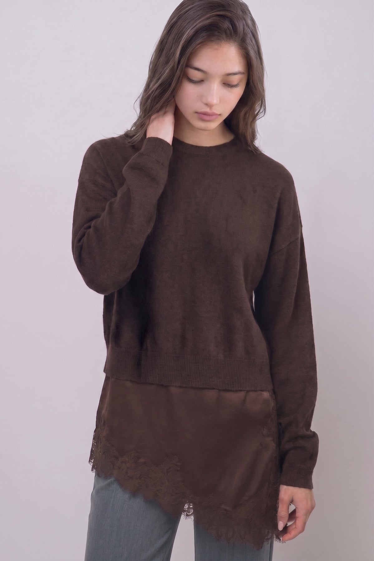 Satin-and-lace Asymmetric Layer Sweater