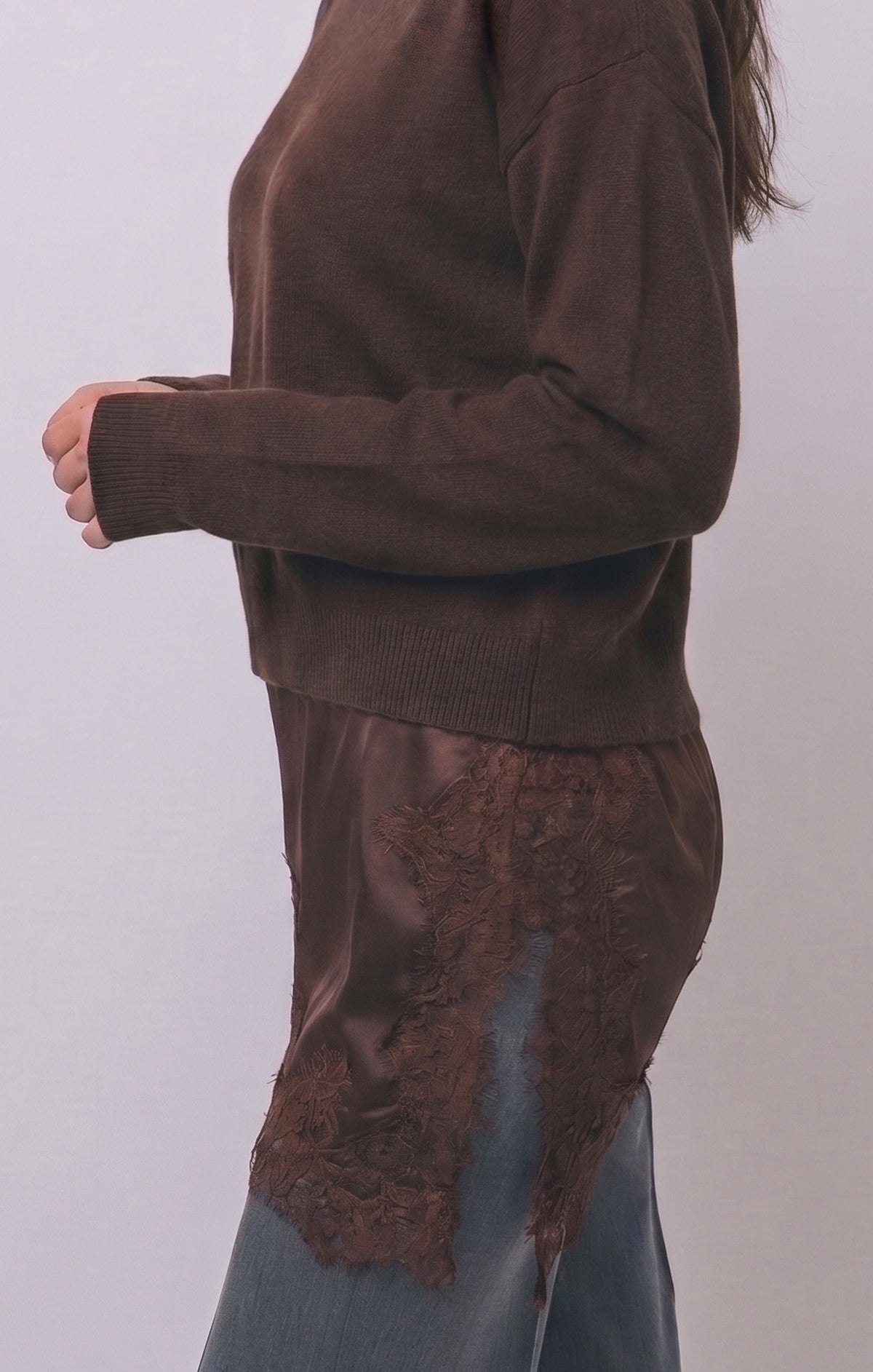Satin-and-lace Asymmetric Layer Sweater