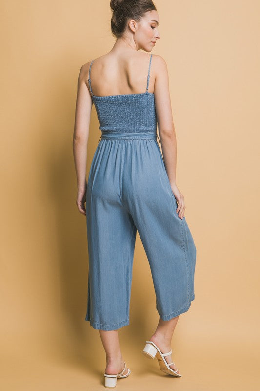 Smocked Wide Leg Cropped Jumpsuit