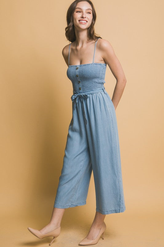Smocked Wide Leg Cropped Jumpsuit