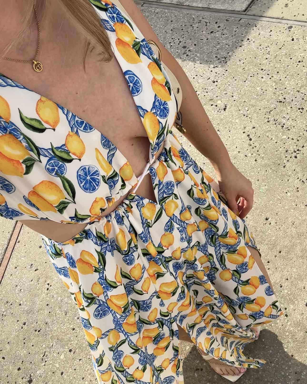 Waist Cutout Lemon Print Maxi Dress