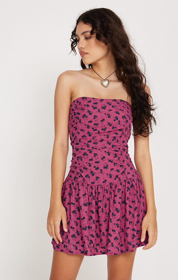 Zhao Strapless Floral Dress Raspberry