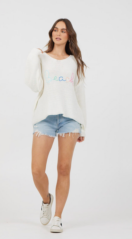 Beach Embroidered V-Neck Sweater