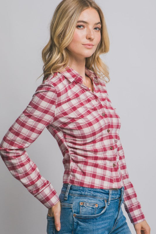 Fitted Button-up Plaid Shirt