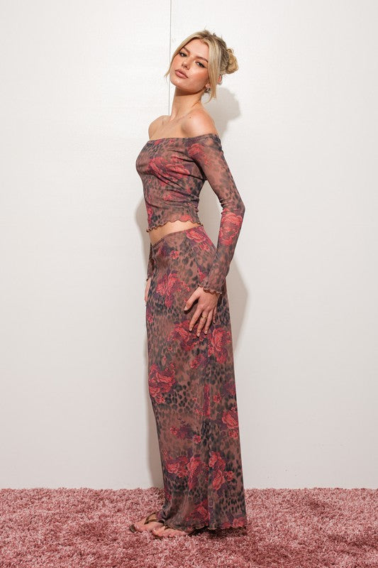 Floral Leopard Mesh Maxi Skirt