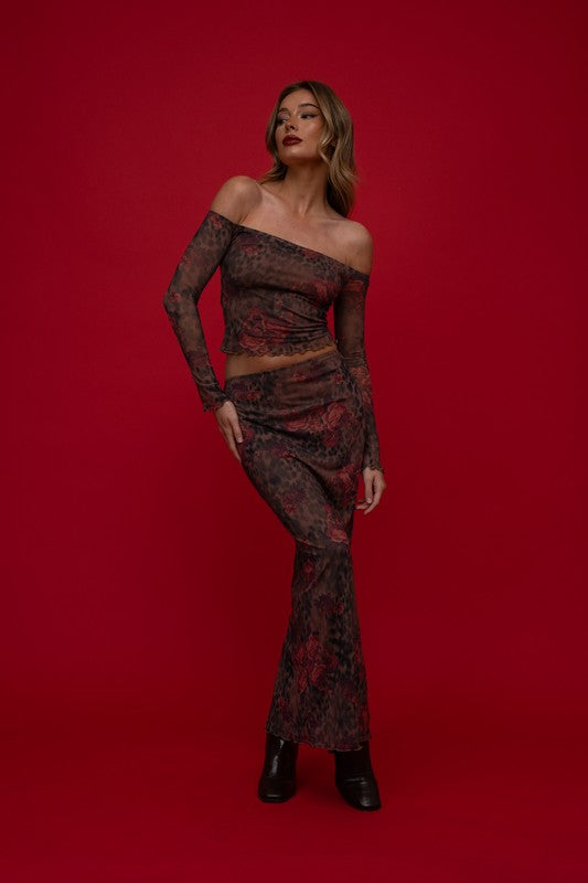 Floral Leopard Mesh Maxi Skirt