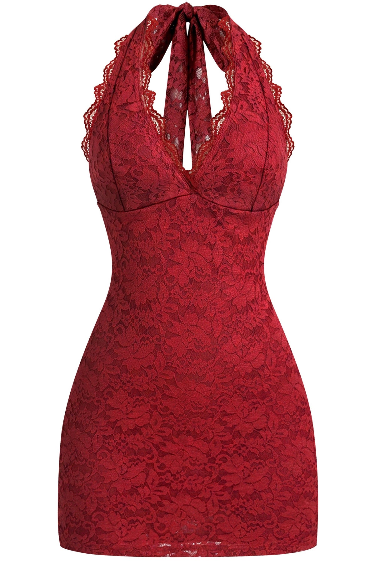 Halter Plunge Open Back Mini Lace Dress