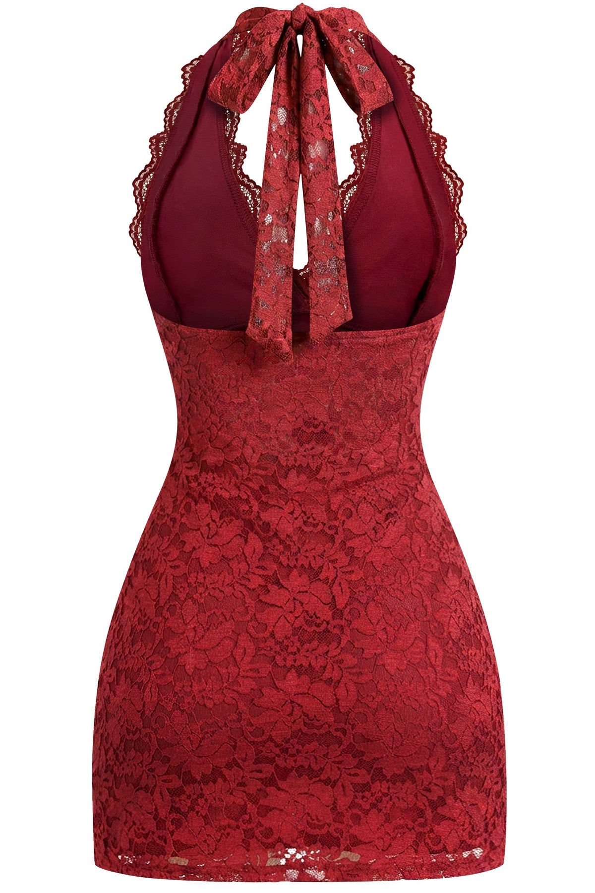 Halter Plunge Open Back Mini Lace Dress