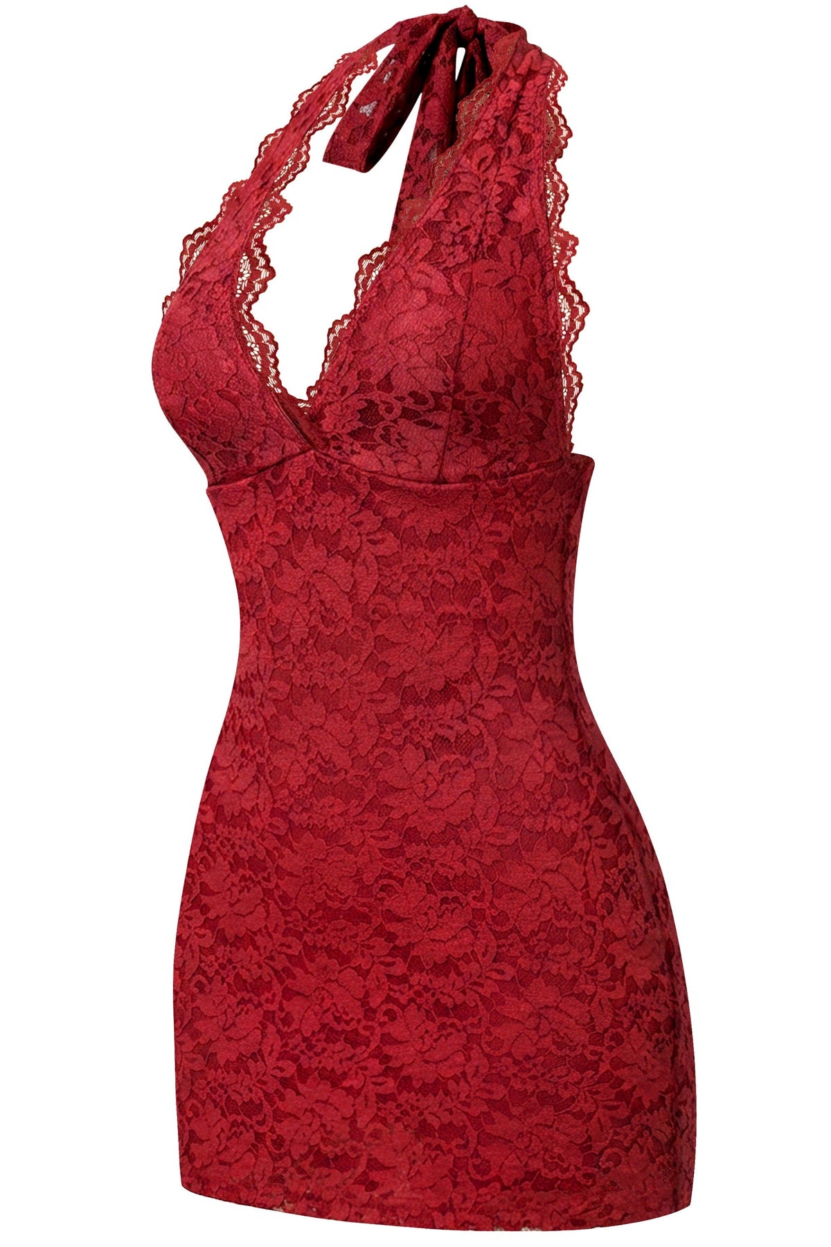 Halter Plunge Open Back Mini Lace Dress