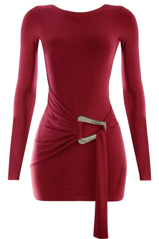 Metal Belt Trim Long Sleeve Mini Dress