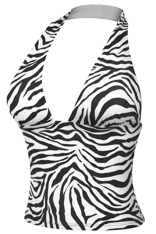 Sleeveless Halter Zebra Print Crop Top