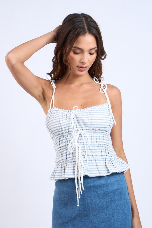 Tie Front Striped Ruched Top