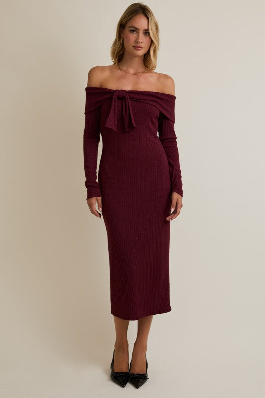 Off Shoulder Front Tie Midi Dress