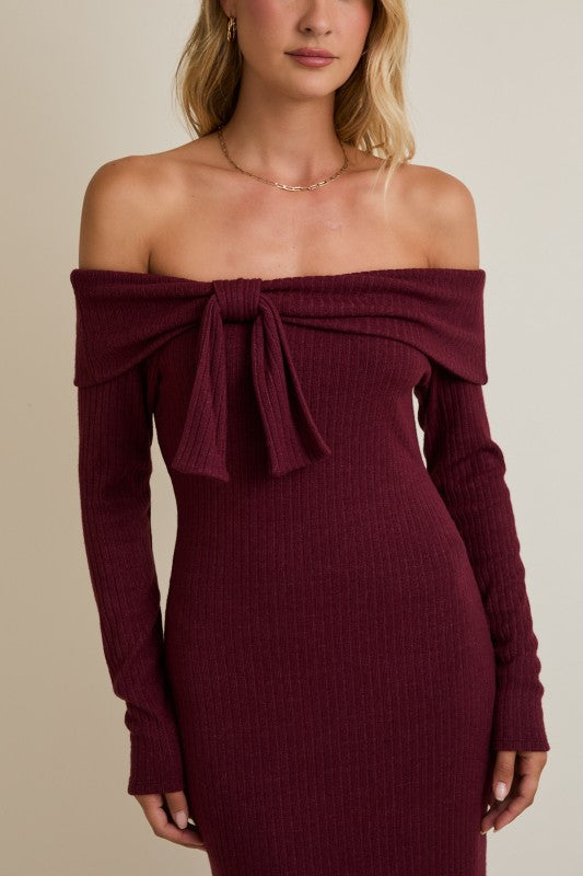 Off Shoulder Front Tie Midi Dress
