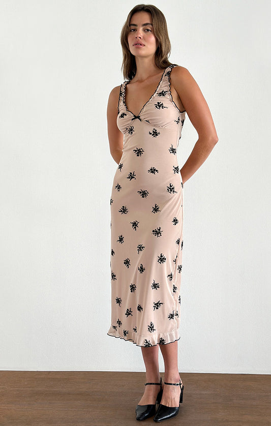 Gandira Nude Floral Midi Dress