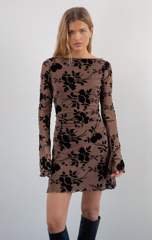 Sevila Mesh Floral Flock Long Sleeve Mini Dress