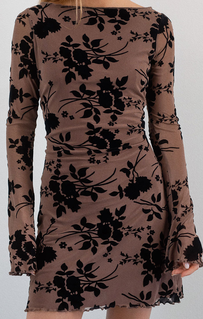 Sevila Mesh Floral Flock Long Sleeve Mini Dress