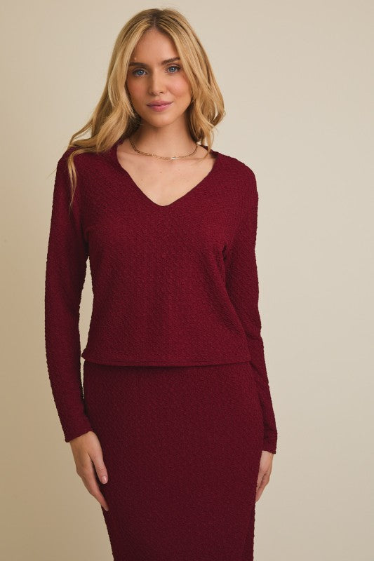 V-Neck Textured Long Sleeve Top