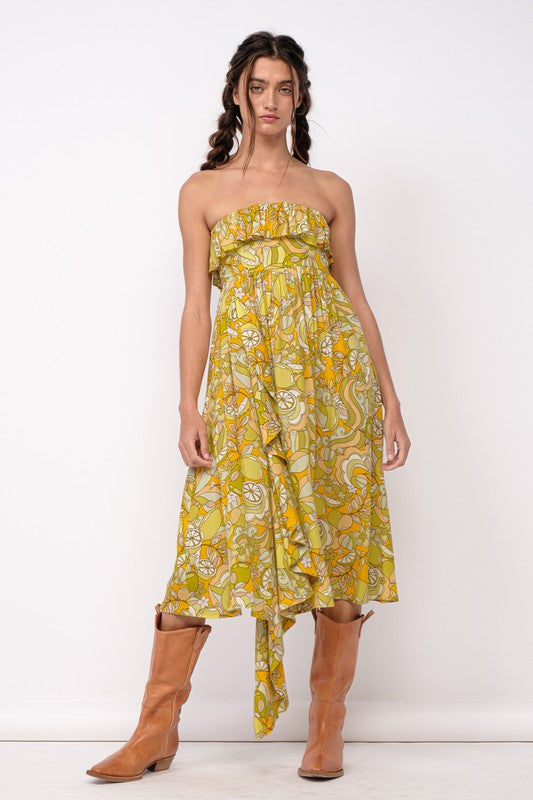 Lemon Maze Strapless Ruffle Midi Dress