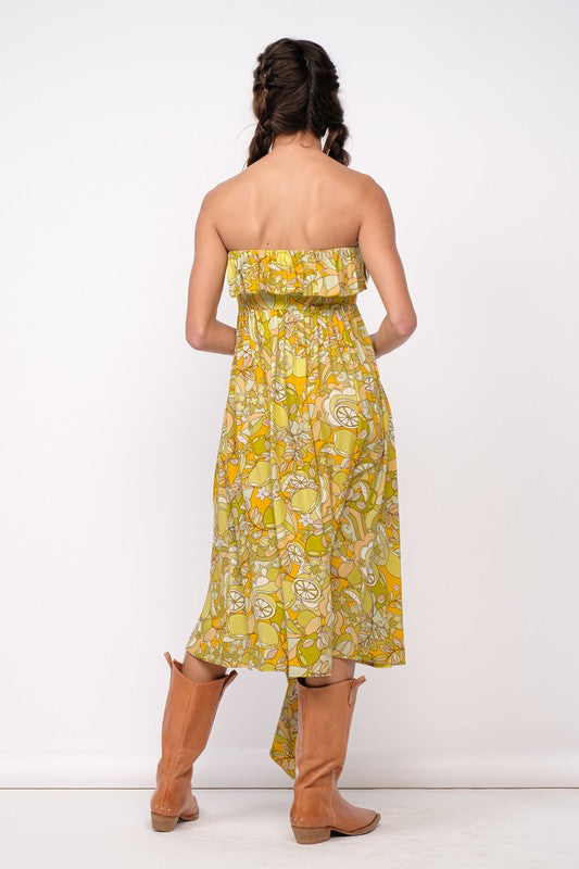 Lemon Maze Strapless Ruffle Midi Dress