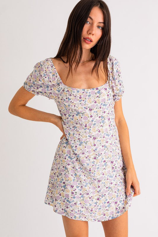 Short Sleeve Floral Mini Dress Lilac